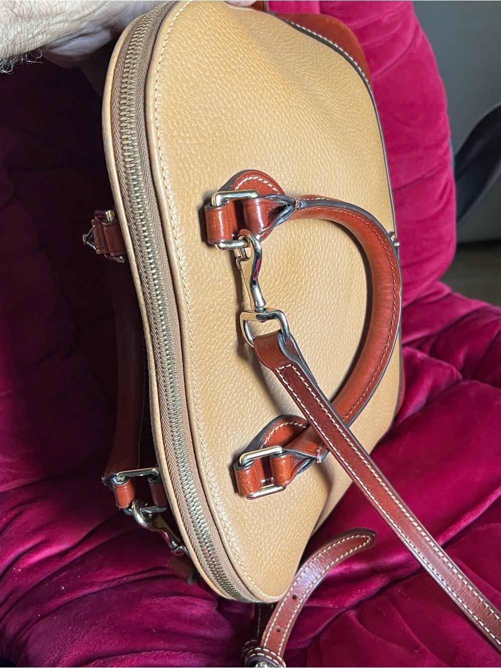 Dooney & Bourke Tan Pebble Leather Satchel crossbody with Brown Trim long strap - Picture 8 of 16
